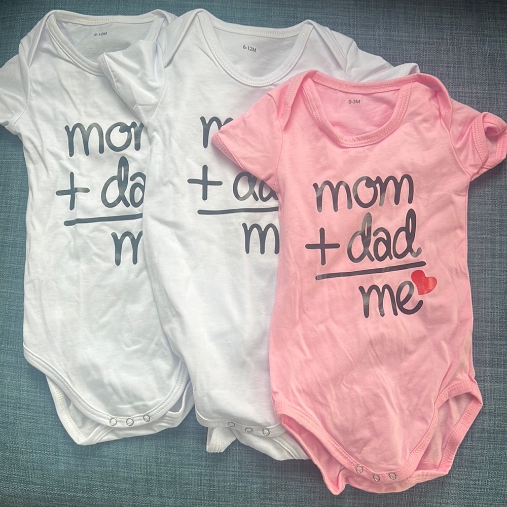 3 pack of “mom + dad = me” onesies